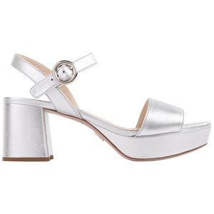 Prada Metallic Silver Leather Platform Block Heel Sandals Heels